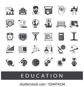 Collection of educational icons. Icons of school and education, distance learning, creative process, science, art and sport.