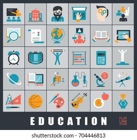 Collection of educational icons. Icons of school and education, distance learning, creative process, science, art and sport.