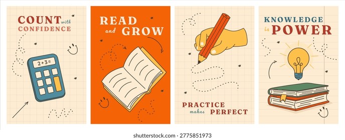 A collection of educational posters with school supplies and inspirational quotes. Vector illustration with a calculator, book, hand holding a pencil, and light bulb for classroom decoration.