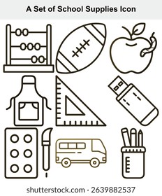 A collection of educational and school-related icons, depicted in simple outlined style. The set features an abacus, football, apple, apron, ruler, and more.