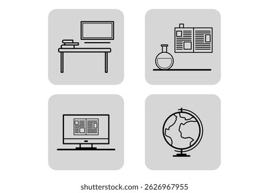 Coleção de ícones relacionados à educação com ferramentas essenciais para a aprendizagem, como mesa, frasco de laboratório, quadro de avisos, computador e globo, representando diferentes aspectos da educação