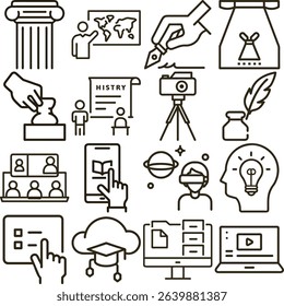 A collection of education-related icons, featuring subjects like history, online education, science, virtual reality, idea generation, and diverse study methods. Black outlines on white.