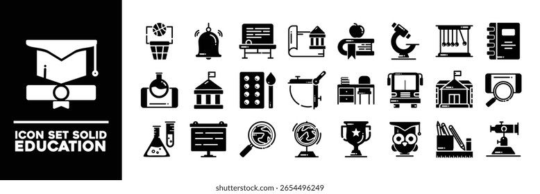 Una colección de iconos sólidos relacionados con la educación en un estilo plano, que representa herramientas de aprendizaje, conceptos y materiales. Conjunto de iconos sólido.