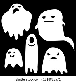 Collection of eerie flying halloween ghosts. Halloween ghosts. Ghostly monster with Boo scary face shape. Party celebrate Halloween night holiday.