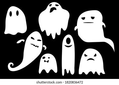 Collection of eerie flying halloween ghosts. Halloween ghosts. Party celebrate Halloween night holiday. Monochrome ghost apparition spook horror set. Ghost shadow funny. ghost sheet for halloween 