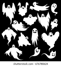 Collection of eerie flying halloween ghosts for design isolated on black background.