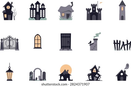 Collection of eerie icons featuring haunted houses castles gates tombstones and ghostly elements