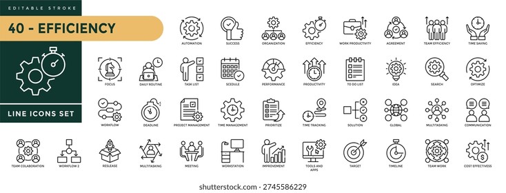 A collection of Efficiency icons set with editable stroke, including time management, performance, productivity, optimization, resource utilization, workflow, team collaboration. Thin linear vector illustration.
