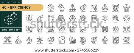 A collection of Efficiency icons set with editable stroke, including time management, performance, productivity, optimization, resource utilization, workflow, team collaboration. Thin linear vector illustration.