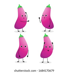 the collection of eggplant in the different posing. vector illustration cute cartoon vegetable character set on white background