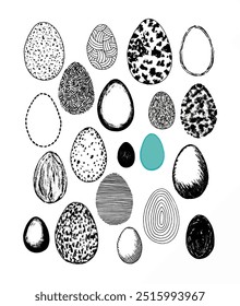 A collection of eggs with diverse patterns and textures, featuring swirls, dots, stripes, and a standout egg in aqua hue.