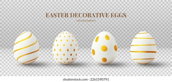 Sammlung von Eiern einzeln auf kariertem Hintergrund. Realistische 3D-Eier mit goldenen Mustern. Vektorgrafik mit 3D-Zierobjekten für Osterdesign. Frühlingssymbole.