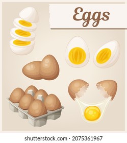 Colección de huevos preparados de forma diferente ilustración de dibujos animados, conjunto de iconos vectoriales de huevos marrones como ingredientes para cocinar, corte en rodajas hervidas y craqueado