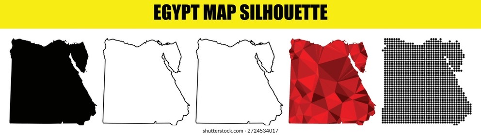 Colección de siluetas de mapas de Egipto. Esquema detallado, negro sólido, relleno blanco, arte poli bajo y variaciones de mapa punteado. Gráficos de Vector para diseño.