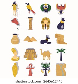 Collection of Egyptian-themed icons featuring stylized depictions of Anubis, scarab beetle, and Horus. Includes the ankh symbol, Great Pyramids, papyrus scroll, and Nefertiti bust. Other elements show