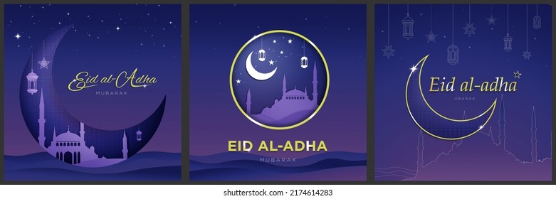 Collection Eid al Adha Greeting cards  Night sky gradient background   crescent moon concept  Paper craft mosque  Gold typography  Vector Illustration  EPS 10 