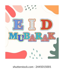 A collection of Eid al-Fitr greetings in the form of simple, aesthetic illustrations and containing several icons. You can see the writing entitled Eid Mubarak which is very beautiful and charming