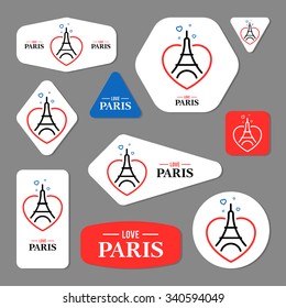 Collection of Eiffel Tower cards, notes, stickers, labels, tags with cute ornament illustrations. Template for scrapbooking, wrapping, notebooks, notebook, diary, decals, school accessories