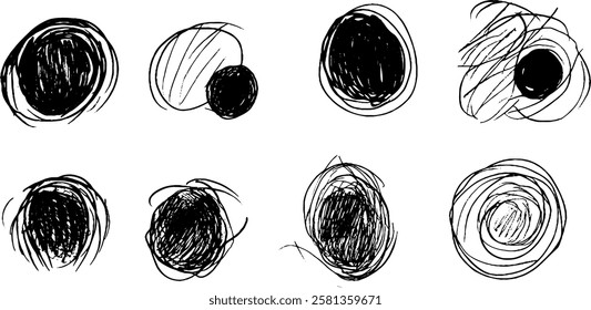 A collection of eight abstract black and white circular sketches with varying thicknesses and styles, showcasing different textures and patterns.