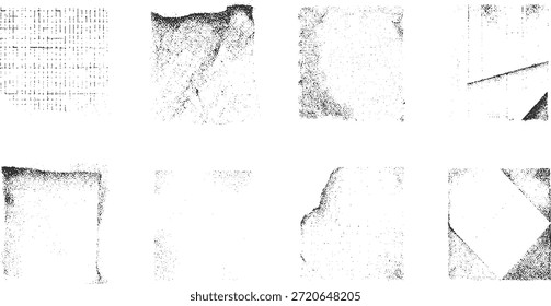 Colección de ocho fondos abstractos de grunge texturizados en blanco y negro con patrones angustiados y ruido de puntos