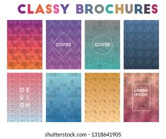 Collection of eight abstract brochure designs with geometric patterns and vibrant color gradients.