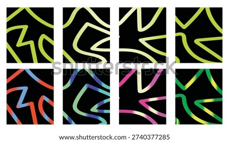 Collection of eight abstract digital background panels display flowing curved and angular neon lines utilizing diverse vibrant color gradients like green blue pink and orange set starkly against the absolute black background suggesting futuristic energy or modern visual art.
