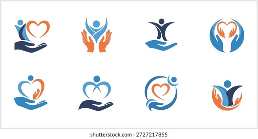 Una colección de ocho logotipos abstractos con figuras humanas estilizadas, manos abiertas y corazones, representados en tonos de azul y naranja, que simbolizan conceptos de cuidado, Asistencia, comunidad, salud y conexión humana sobre un fondo blanco