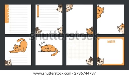 Collection of eight adorable note paper templates and memo cards featuring various cute cartoon cat characters and patterns.