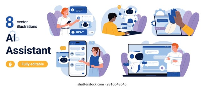 Collection of eight AI assistant chatbot scenes with users messaging on phones and laptops, customer support, automation, online communication isolated on white background vector illustration