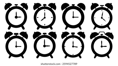 Collection of Eight Black Alarm Clocks Showing Different Times