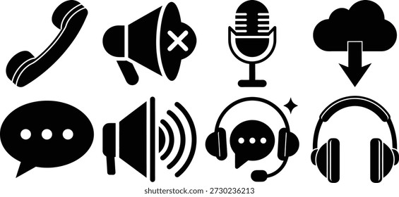 Collection of eight black communication and audio on white background technology