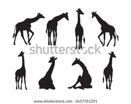 Collection of eight black giraffe silhouettes showcasing various poses, including standing, walking, and sitting, against a clean white background. Ideal for wildlife and African savanna themes.