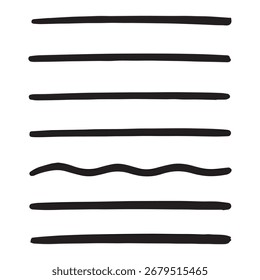 Sammlung von acht schwarzen handgezeichneten Linien und einer gewellten Linie auf weißem Hintergrund horizontal