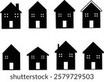 Collection of eight black icon of various house designs displayed in rows.