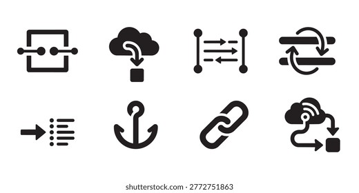 A collection of eight black icons, each representing a different concept, arranged in a 2x4 grid on a white background.