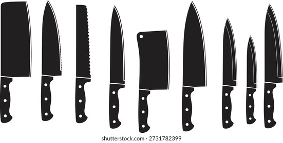 A collection of eight black kitchen knives with different blade shapes and sizes, arranged in a row on a white background