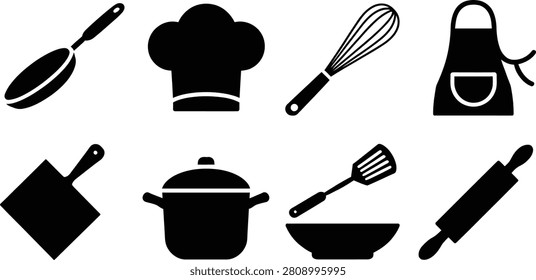 A collection of eight black kitchen-themed displayed on a white background. The set includes a frying pan, chef hat, whisk, apron, cutting board, cooking pot, spatula, and a rolling pin.
