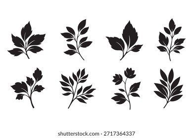 Collection of Eight Black Leafy Branch Silhouettes on White Background leaves branches