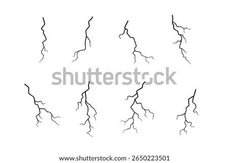 A collection of eight black lightning bolt illustrations on a white background. Each bolt has a unique shape and design, showcasing different angles and styles.