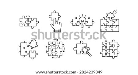 Collection of eight black line puzzle on a white background depicting connection idea search and completion