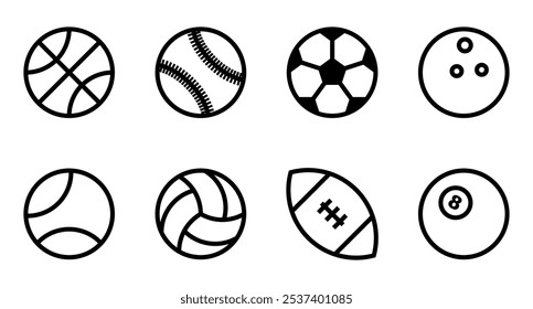 Uma coleção de oito ícones de contorno preto representando várias bolas de esporte, incluindo basquete, futebol, tênis, futebol e muito mais.