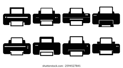 Collection of Eight Black Printer Icons on White Background Different Styles and Designs