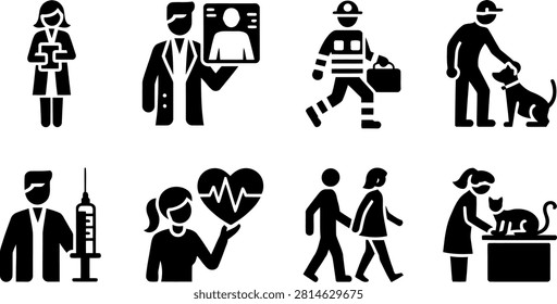 Collection of eight black silhouette depicting various professions and medical symbols Keywords