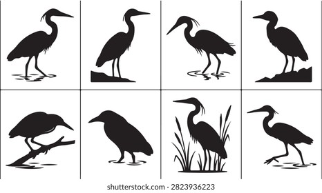 A collection of eight black silhouette illustrations featuring various wading birds like herons and egrets, isolated against a plain white background.