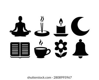 A collection of eight black silhouette on a white background, depicting symbols of wellness and relaxation, including a person meditating, incense, a candle, a moon, a book, tea, and a bell.