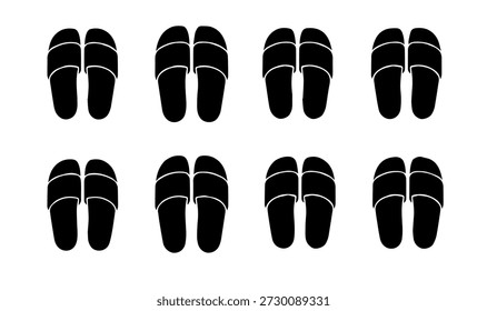 Colección de ocho sandalias flip-flop simples de silueta negra dispuestas en dos filas sobre fondo blanco. Ilustración vectorial.