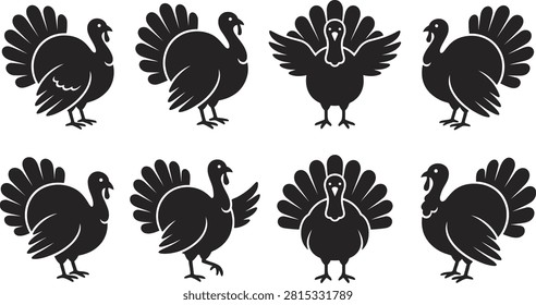 Collection of eight black silhouette turkey icons displayed on a clean white background