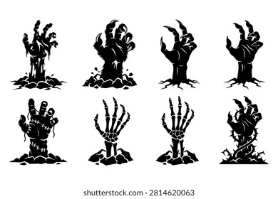 A collection of eight black silhouette vector illustrations depicting monstrous hands, zombie claws, and skeletal hands rising from cracked earth.