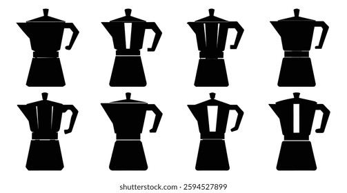 Collection of Eight Black Silhouettes of Classic Italian Moka Pots for Brewing Coffee
