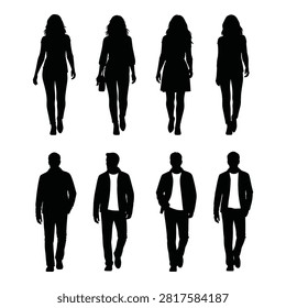 A collection of eight black silhouettes depicting men and women walking forward isolated on transparent background displaying casual attire and individual stances